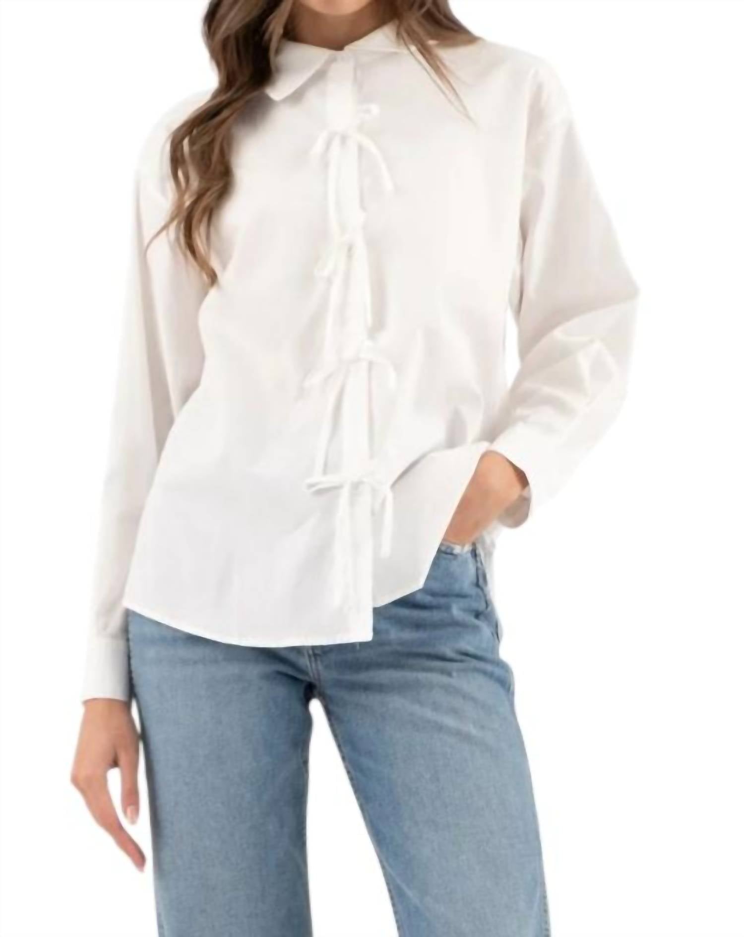 Zoe and Claire Ribbon Detail Poplin Long Sleeve Top in white - women's blouse