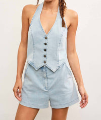 Mustard Seed Halter Neck Button Closure Vest Romper in icy denim - women's pants - view 5