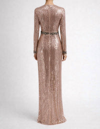 MAC DUGGAL Sequin Long Sleeve Gown in rose gold - women's dress - detail view