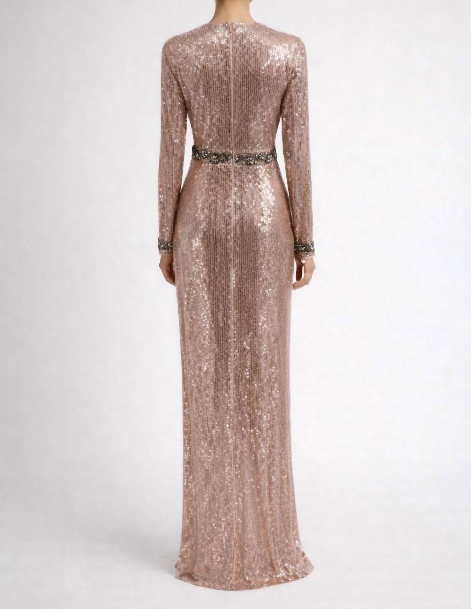 MAC DUGGAL Sequin Long Sleeve Gown in rose gold - women's dress - detail view