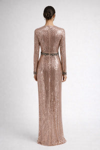 MAC DUGGAL Sequin Long Sleeve Gown in rose gold - women's dress - alternate view