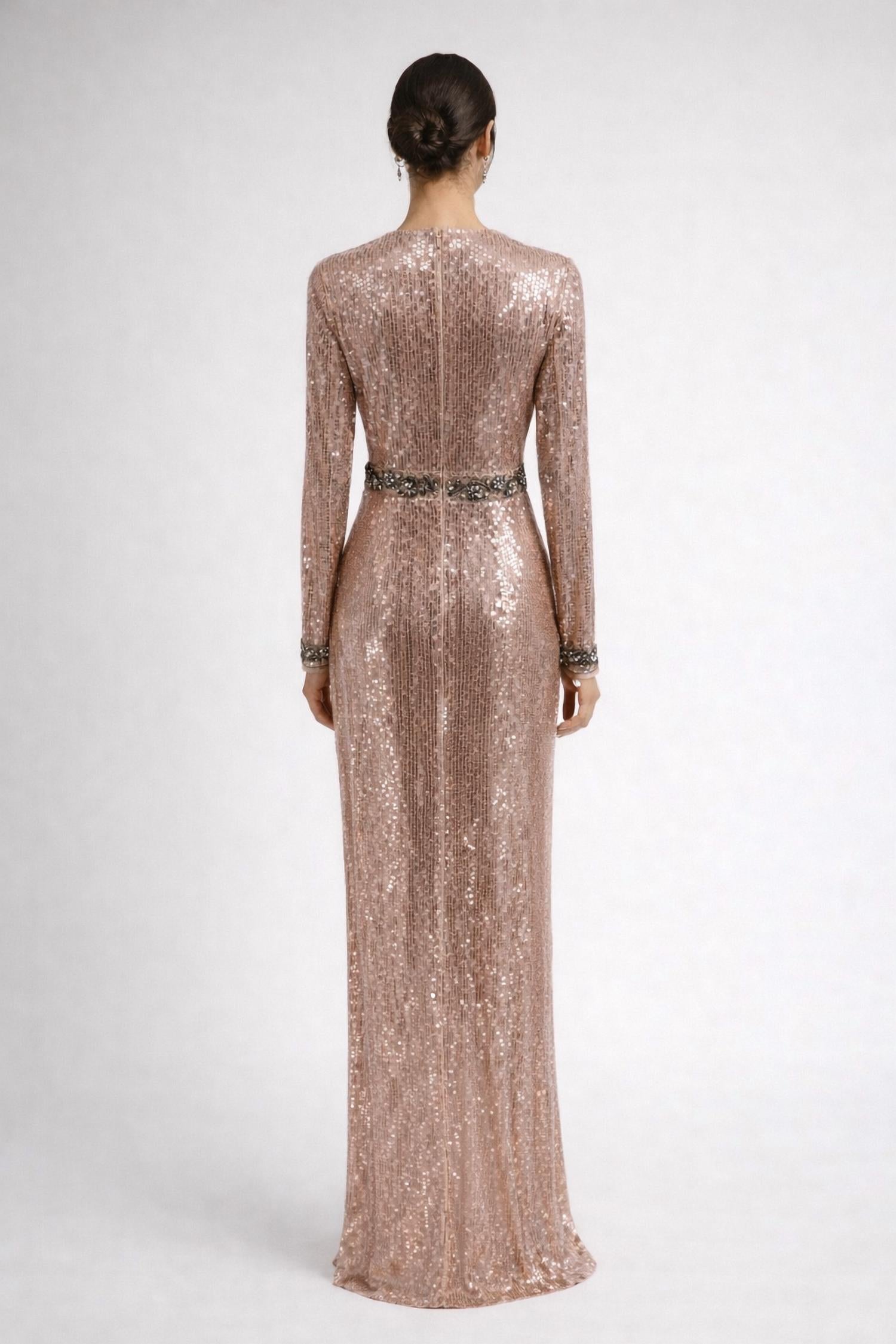 MAC DUGGAL Sequin Long Sleeve Gown in rose gold - women's dress - alternate view