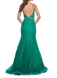 La Femme Lace Mermaid Rhinestone Gown in jade - women's dress - detail view