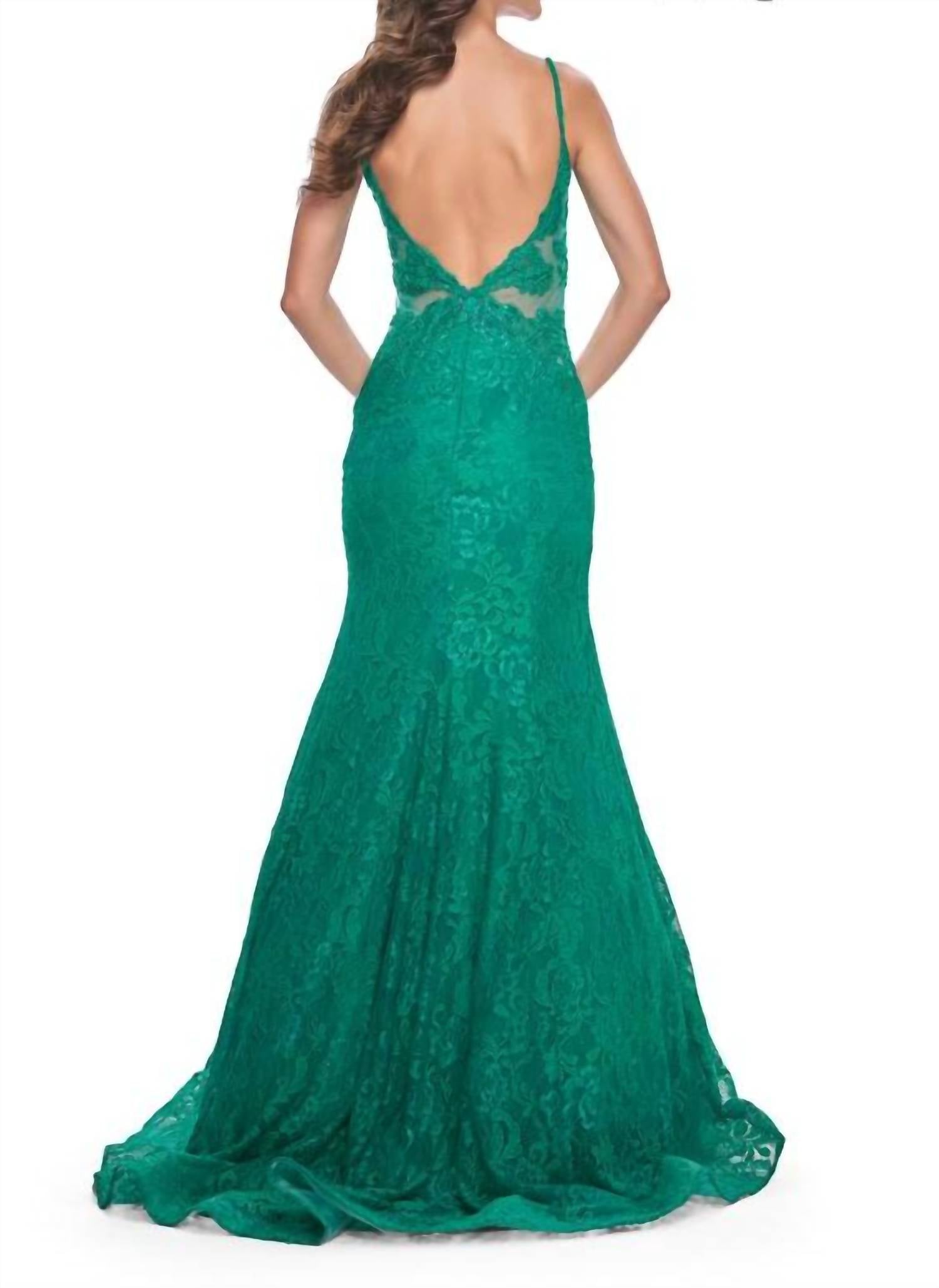 La Femme Lace Mermaid Rhinestone Gown in jade - women's dress - detail view