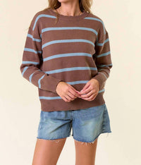 Doe And Rae - Scallop Neckline Long Sleeve Striped Sweater Top