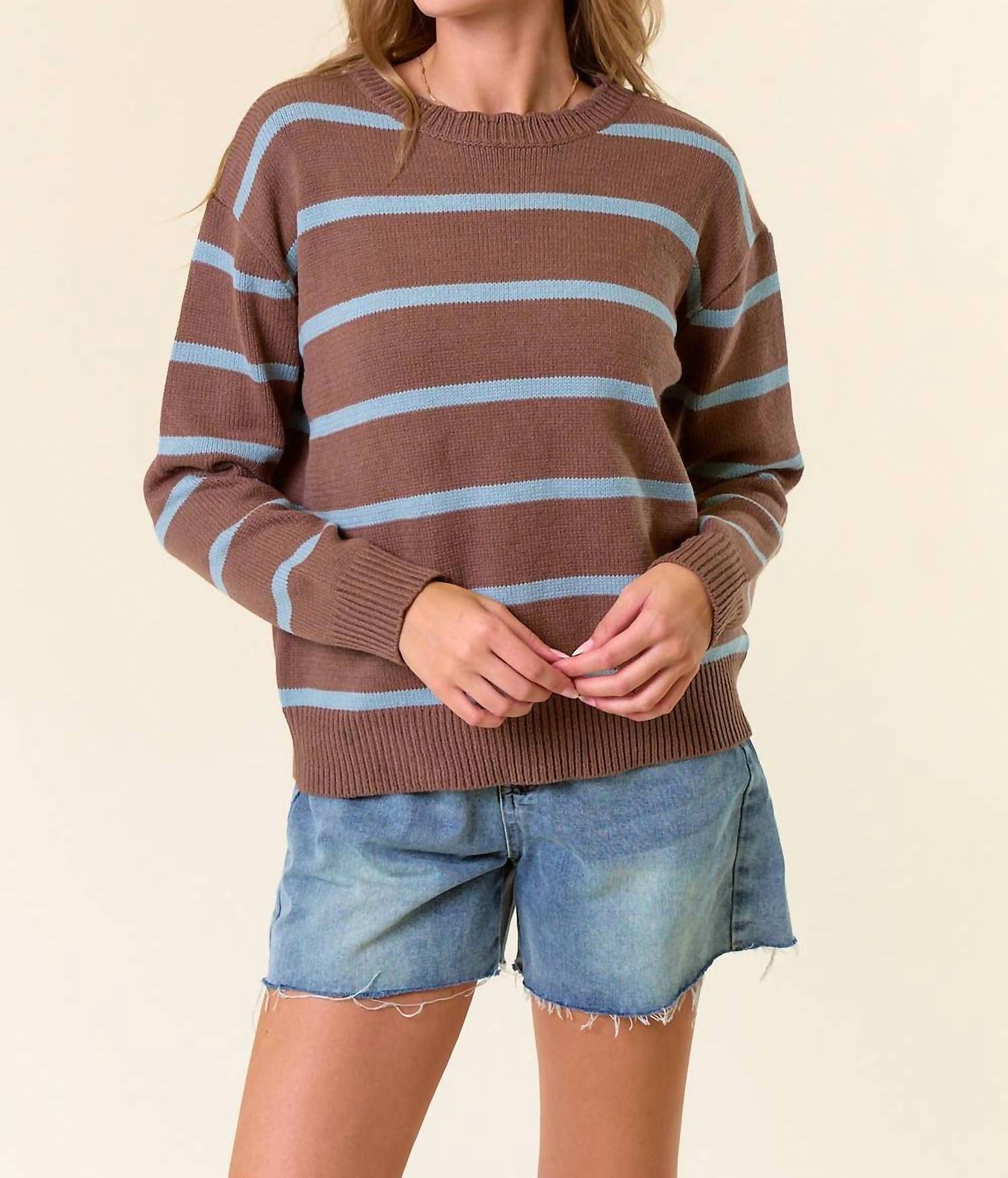 Doe And Rae - Scallop Neckline Long Sleeve Striped Sweater Top
