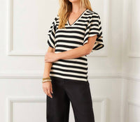 Karen Kane - Women's Stripe Flutter Sleeve V Neck Top