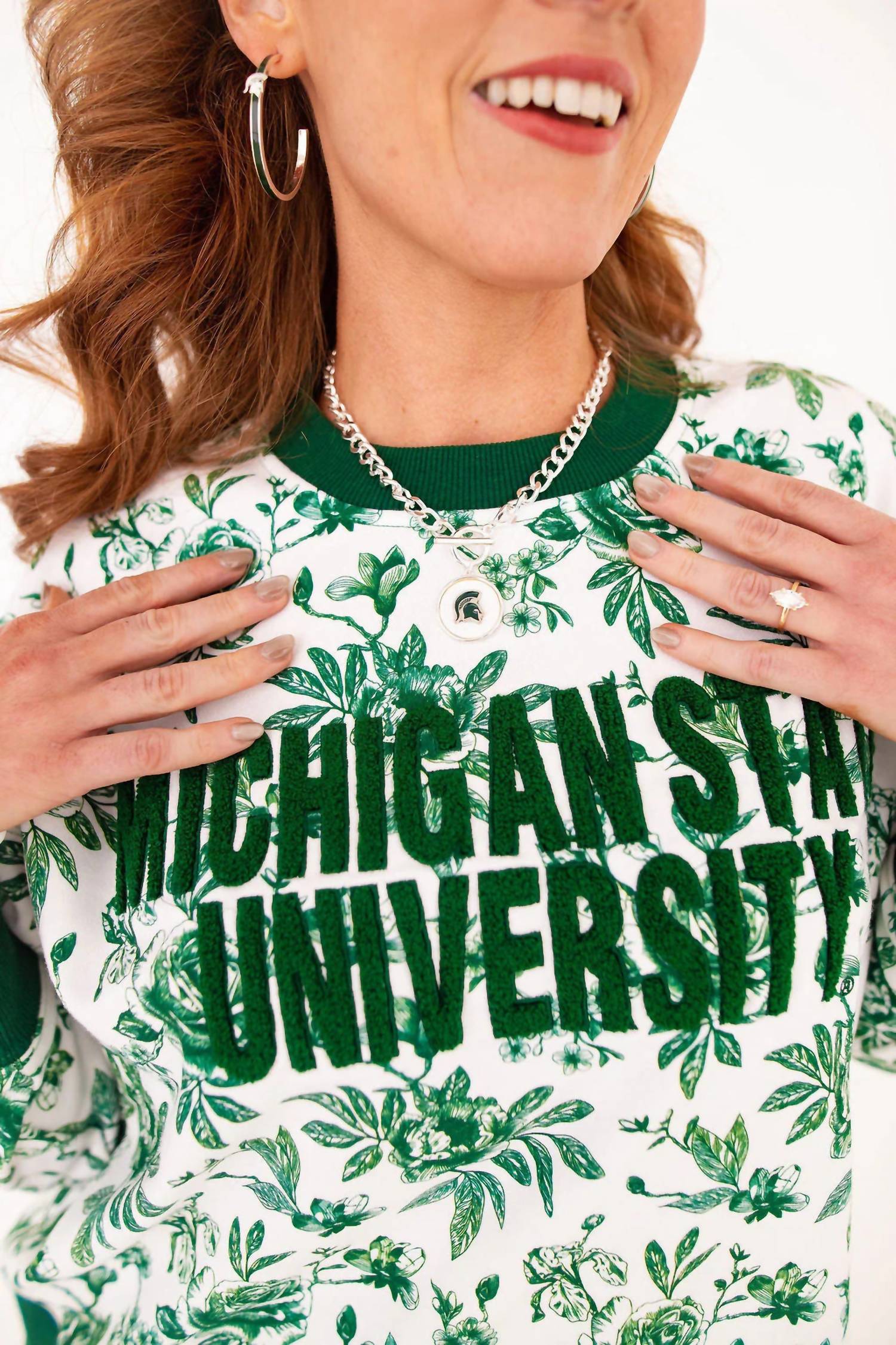 Brianna Cannon Michigan State Floral Toile Sweatshirt in green - women's sweater - detail view