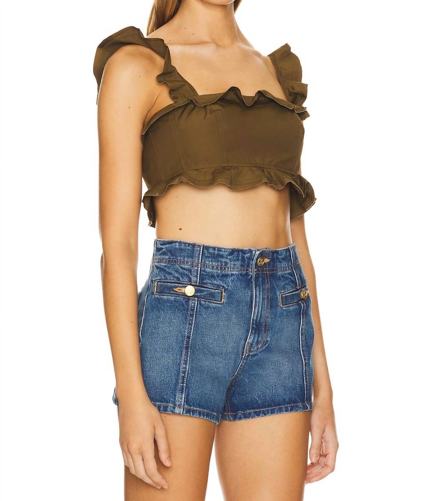 Ulla Johnson Belle Cropped Ruffle Top in militaire - women's shirt - alternate view