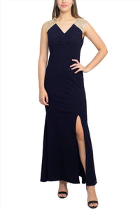 S.L. Fashions - V-neck Sequined Shoulder Slit Front Zipper Back Dress