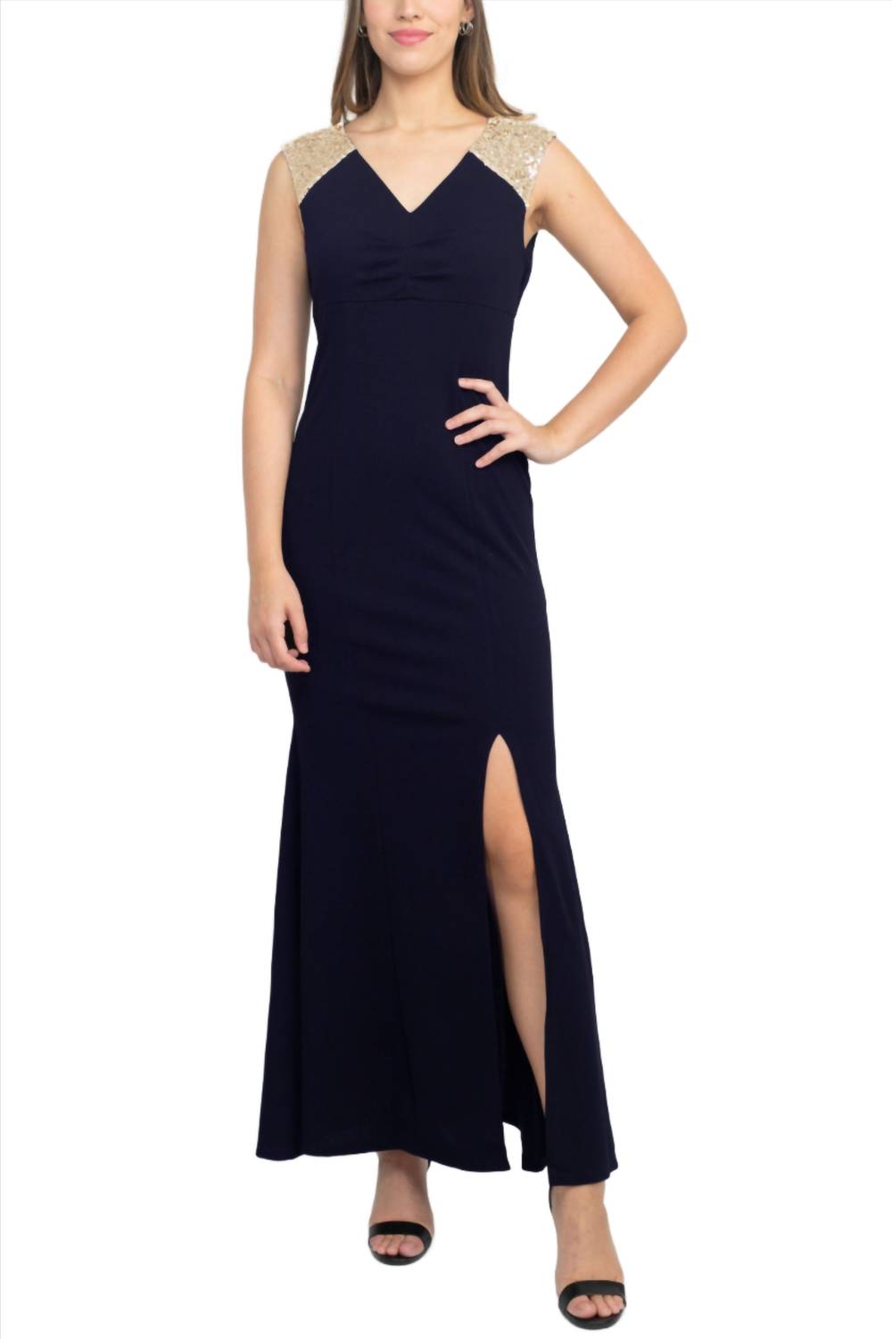S.L. Fashions - V-neck Sequined Shoulder Slit Front Zipper Back Dress