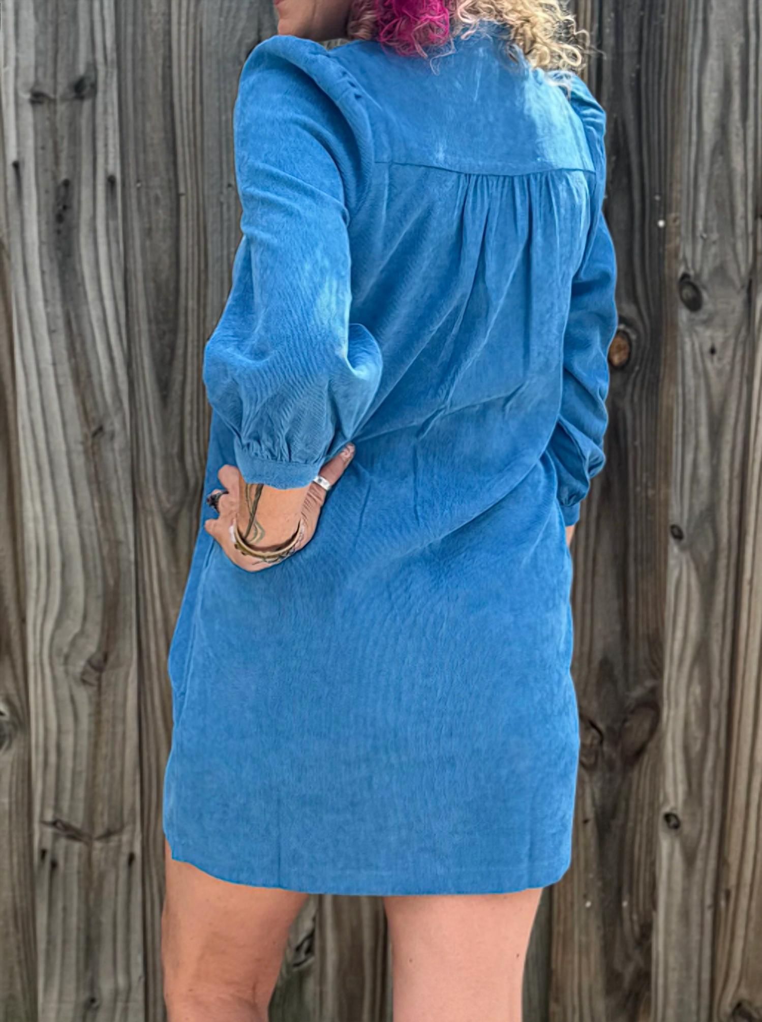 Joy Joy Corduroy Front Yoke Dress in blue - women's dress - detail view