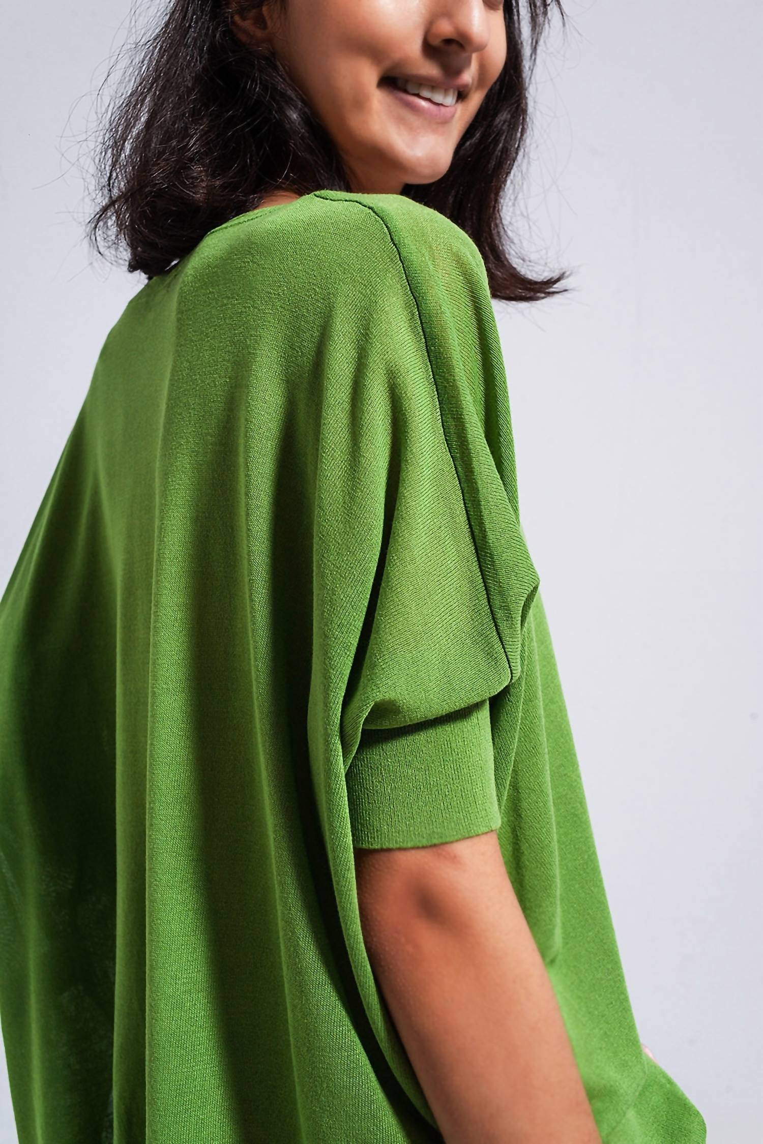 Q2 Super Soft V Neck Short Sleeve Sweater Top in green - women's sweater - alternate view