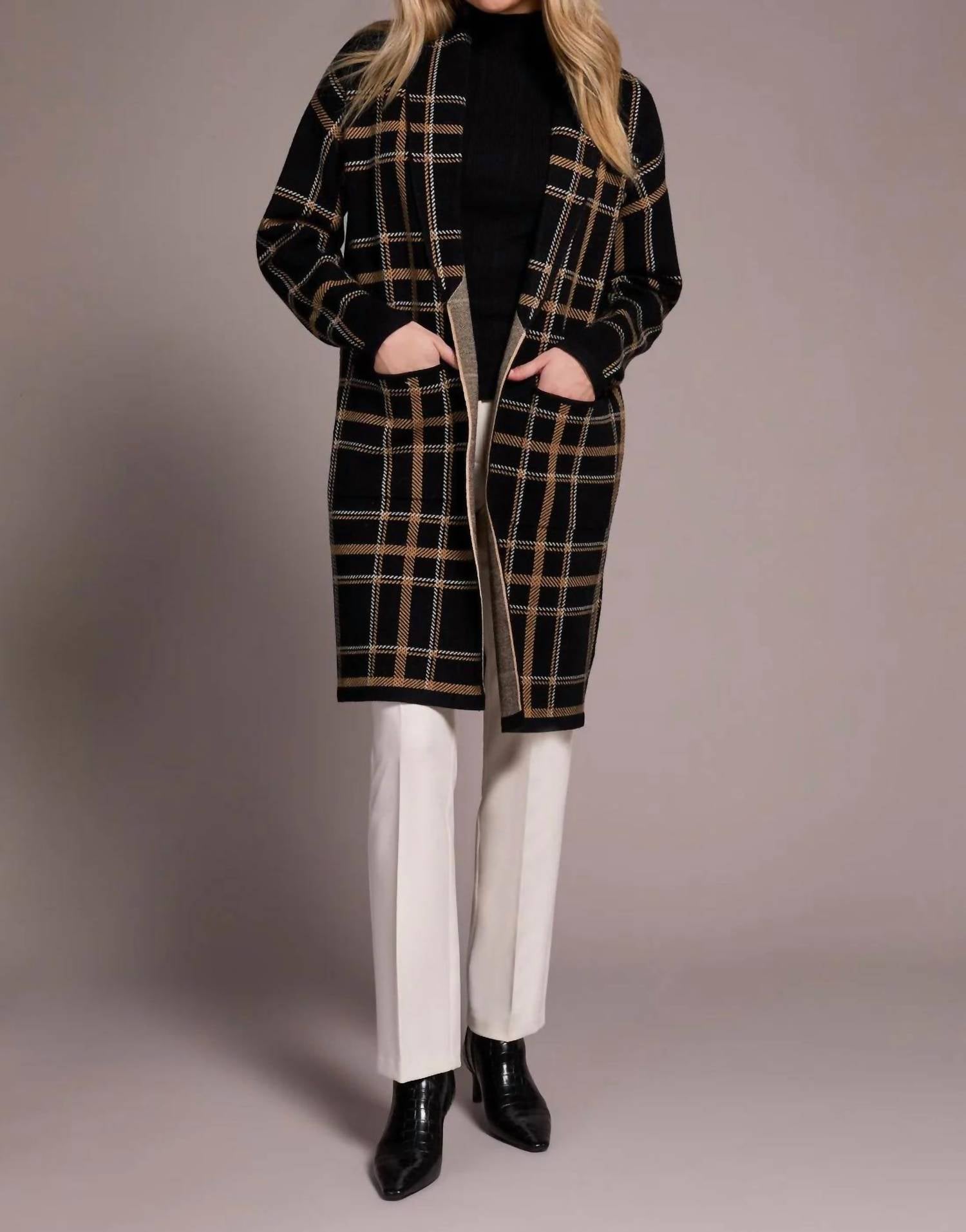 Tribal - Double Knit Long Plaid Coatigan