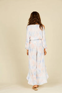 Tie Dye Cold Shoulder Faux Wrap Smocked Top