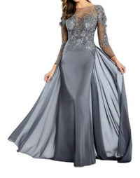 Montage by Mon Cheri Embroidered Bodice Long Sleeve Dress in smoke - women's dress