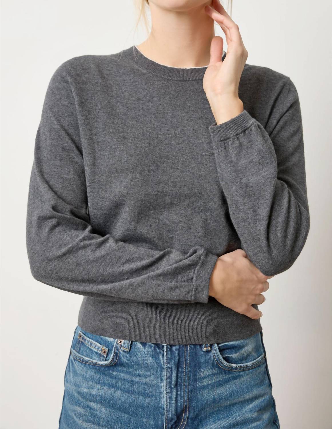 Lilla P Pleated Sleeve Crewneck Sweater in licorice - women's sweater