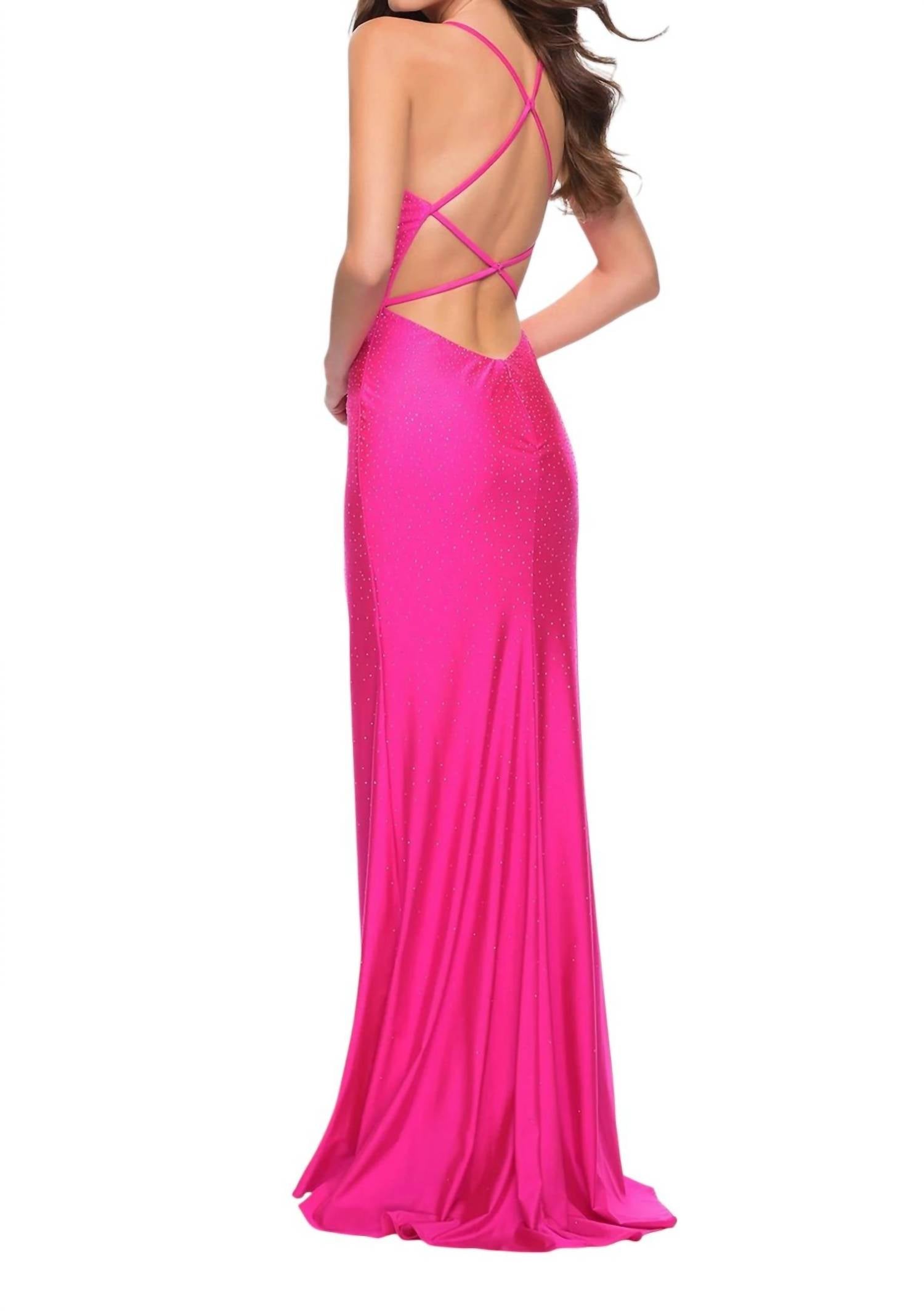 La Femme - Rhinestone Plunge Neck Gown
