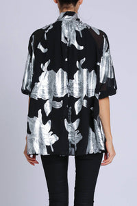 Beulahstyle - Foiled Floral Bowtie Blouse With Belt