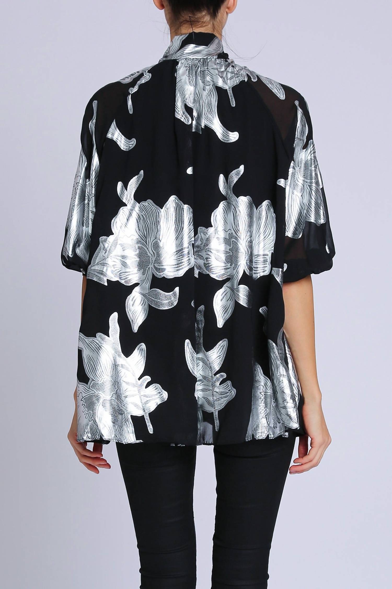 Beulahstyle - Foiled Floral Bowtie Blouse With Belt