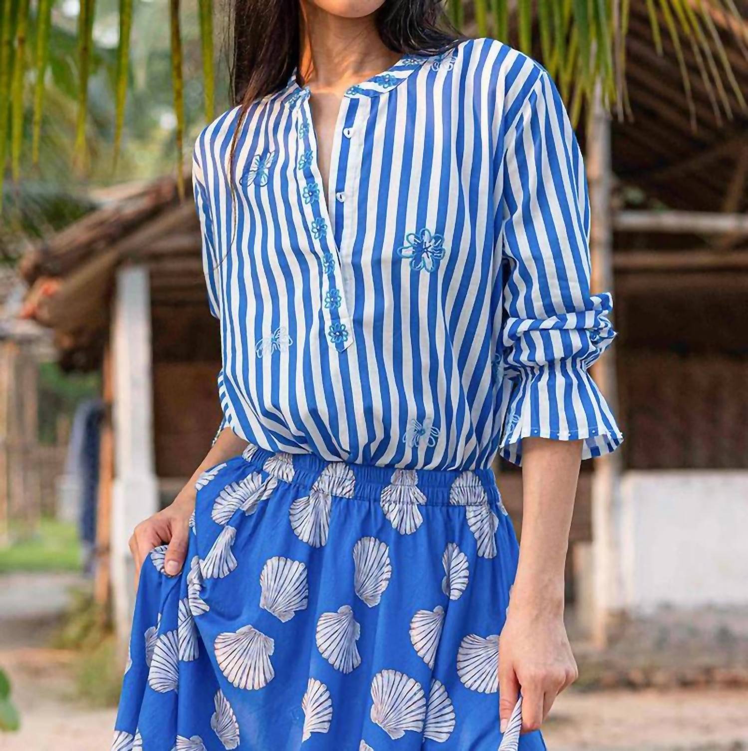 Nimo With Love - Flower Embroidery Broom Stripe Blouse