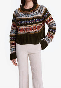 Smythe Handknit Cropped Crewneck Sweater in olive multi 1 - women's sweater