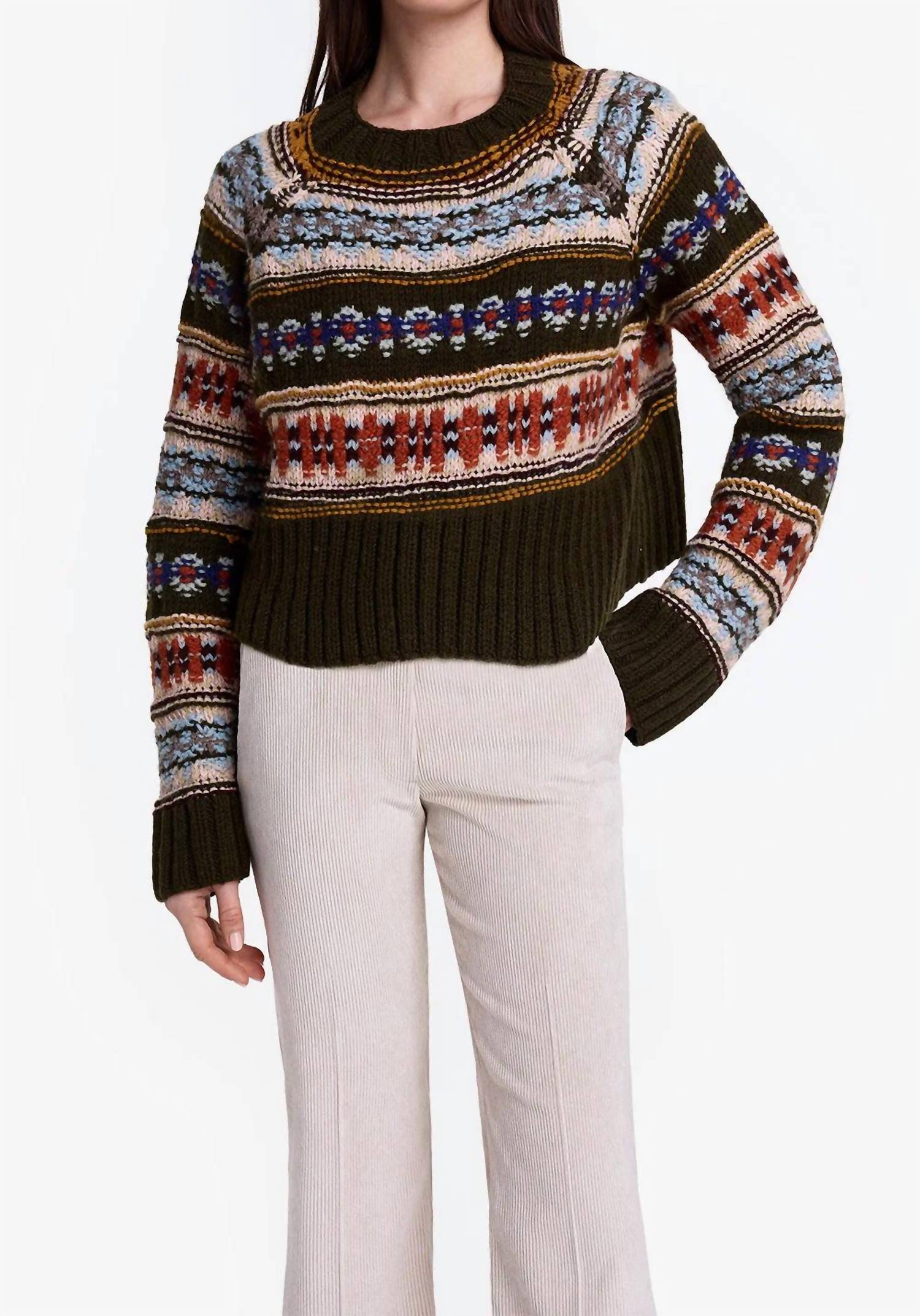 Smythe Handknit Cropped Crewneck Sweater in olive multi 1 - women's sweater