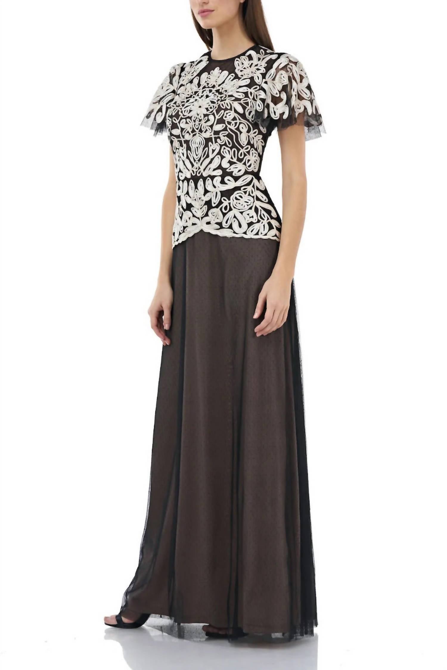Js Collections - Women's Crew Neck Embroidered Mesh Dress