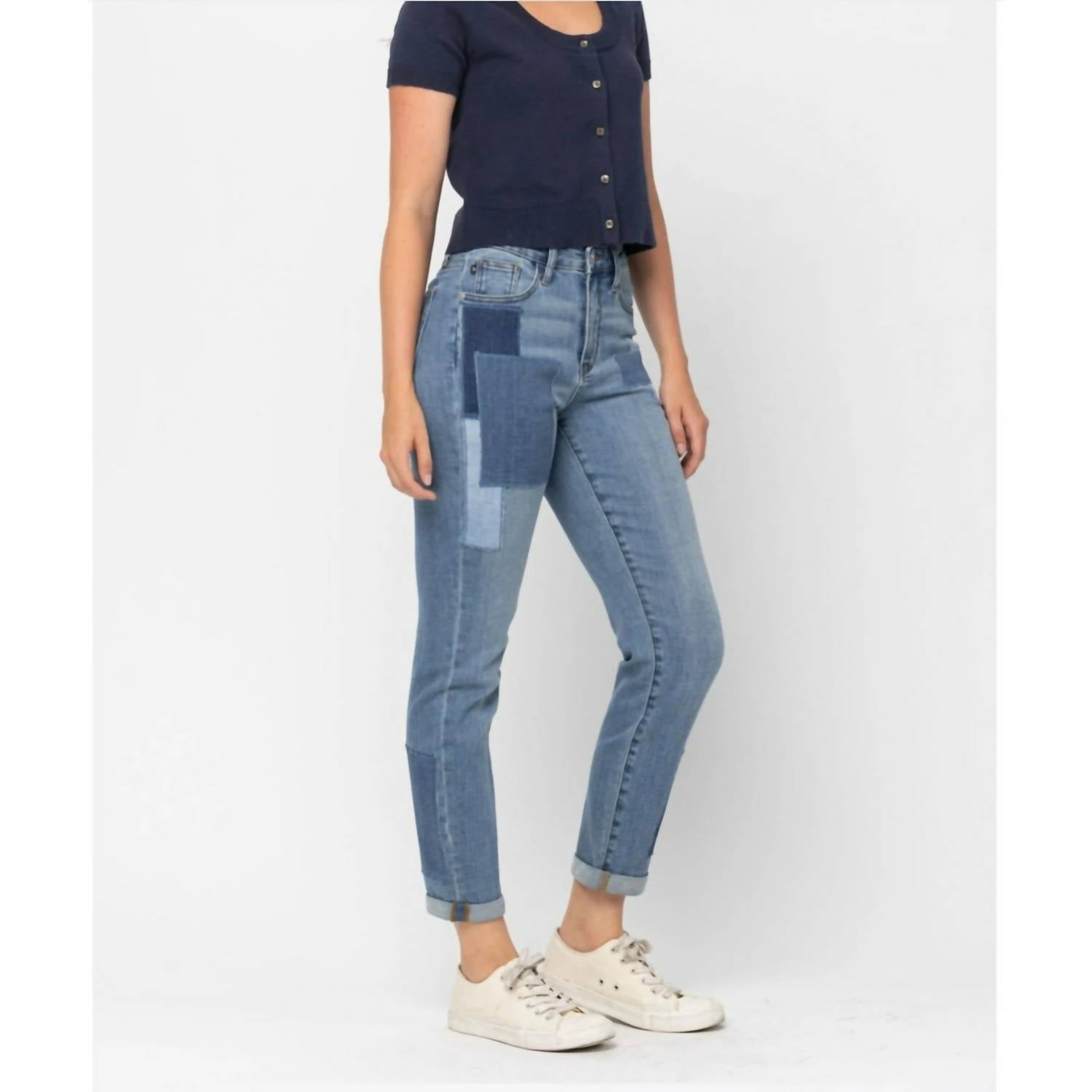 Judy Blue - High Waist Double Rolled Cuff Patch Boyfriend Jeans