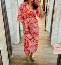 Jade Trimmed Yoke Tunic Maxi Dress in orange petal - women's dress