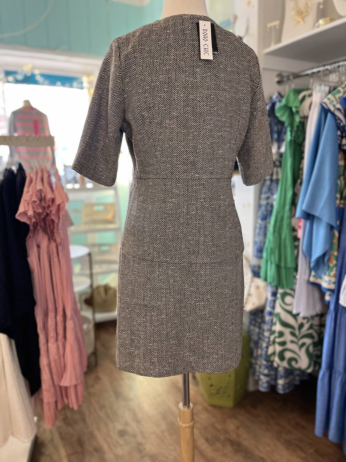Boho Chic Women's Tweed blend dress with front pleat detail in grey multi - women's dress - detail view