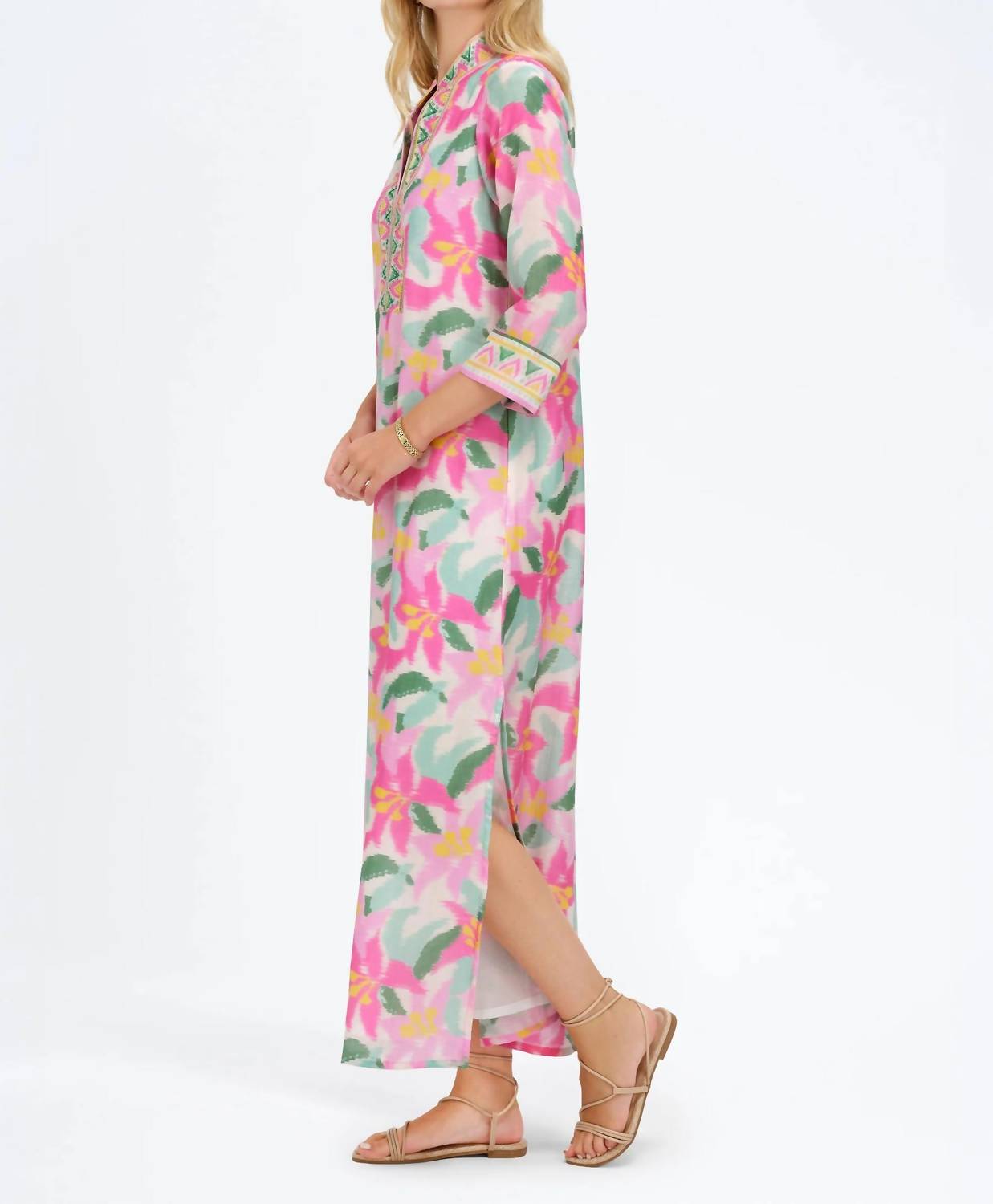bella tu Elise Quarter Sleeve Caftan Dress in lily pink - women's dress - detail view