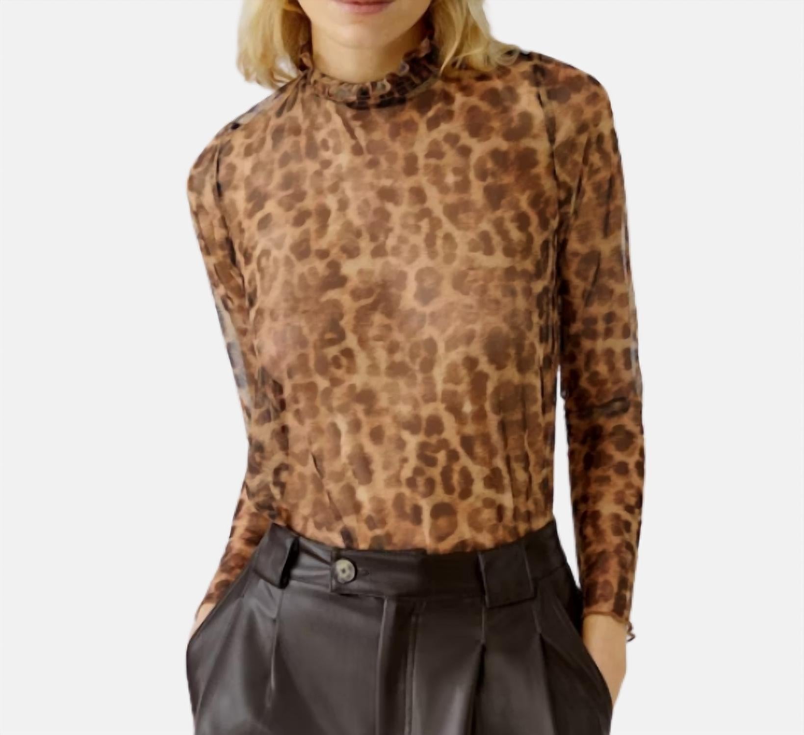 Oui Mock Neck Animal Print Sheer Top in camel grey - women's blouse