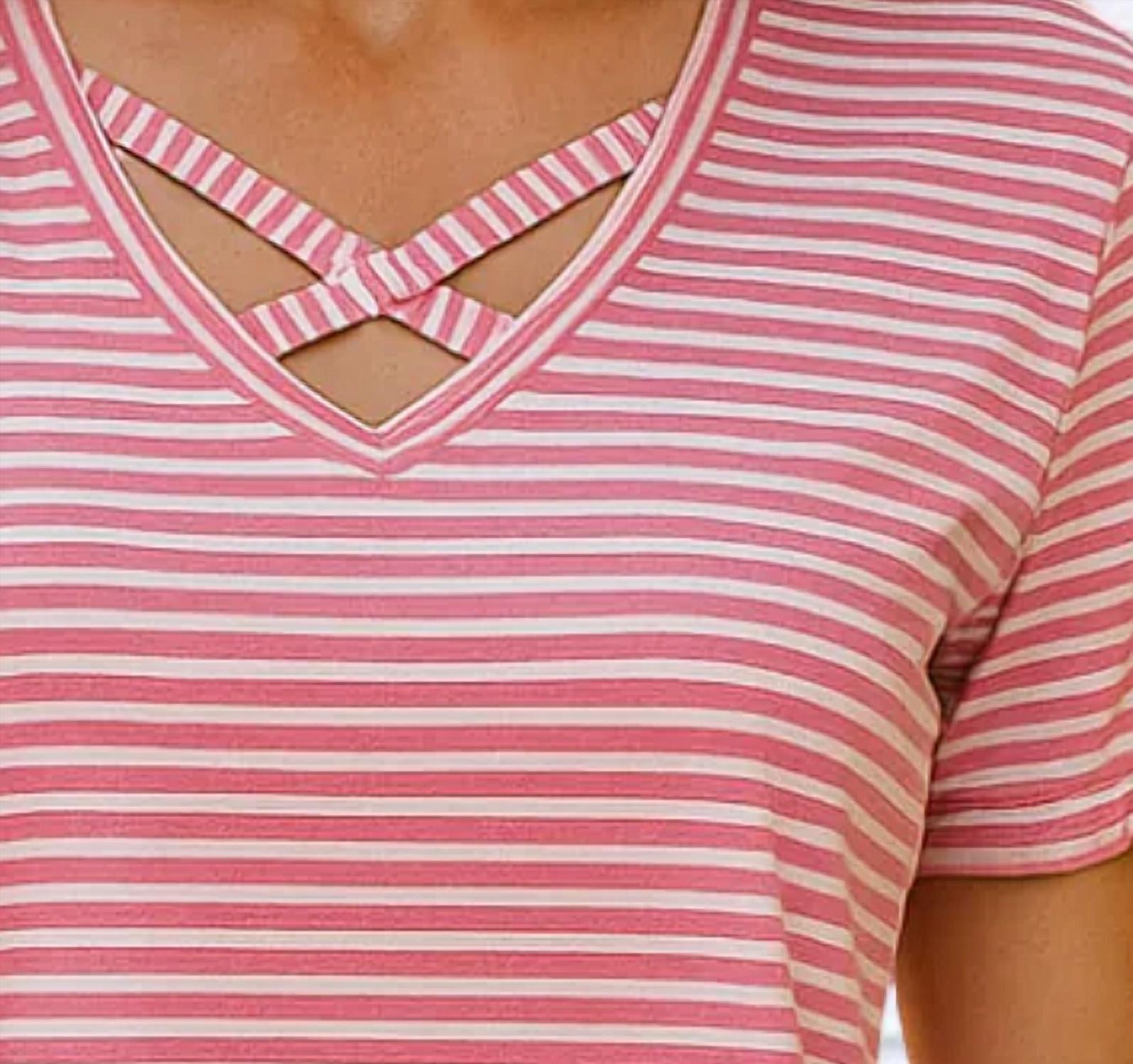 E. Luna Criss Cross Neckline T Shirt in pink and white stripe - women's t-shirt - detail view
