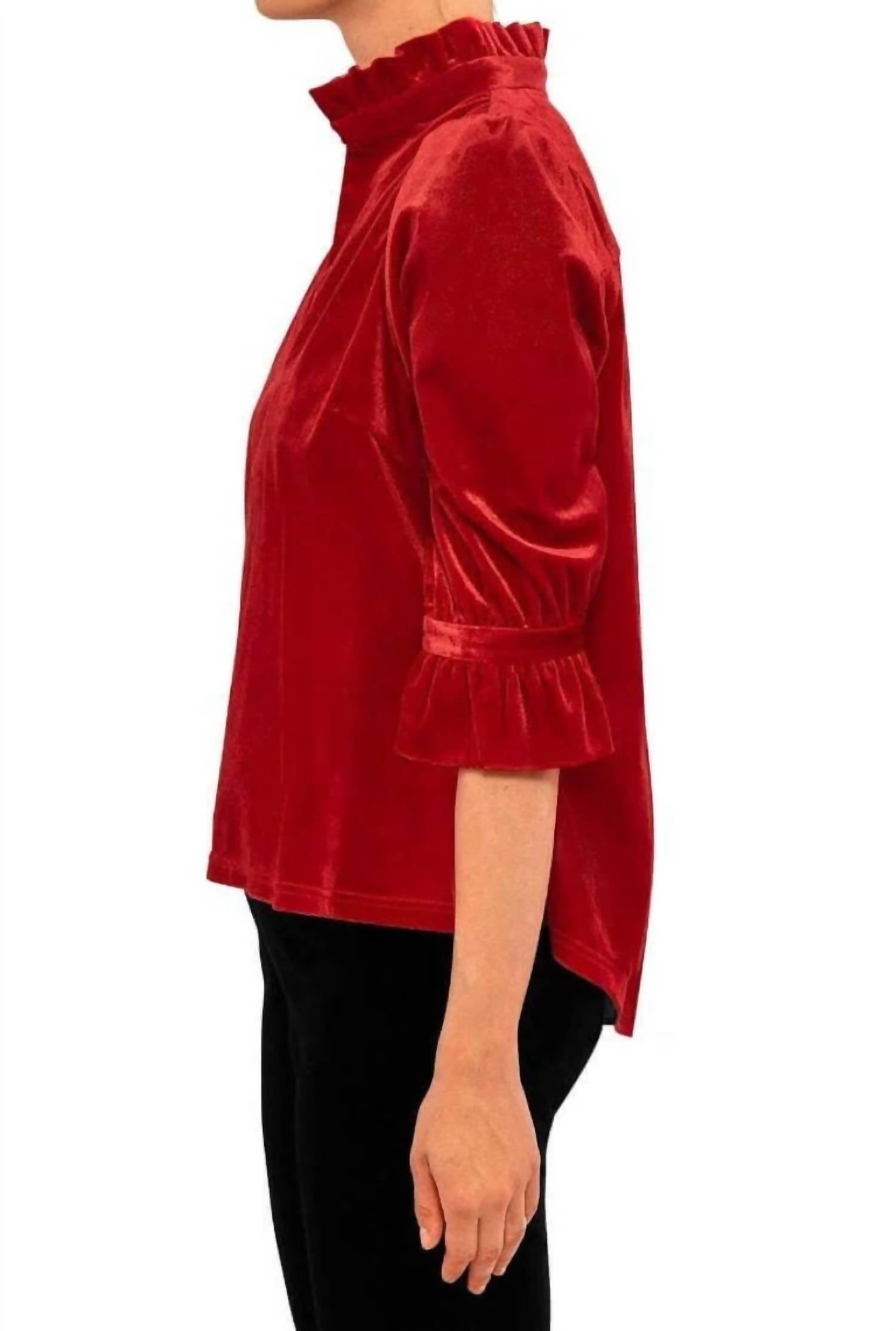 Gretchen Scott - Ruffle Neck Velvet Tunic Top