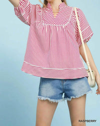Umgee - V-Neck Mandarin Collared Stripe Top