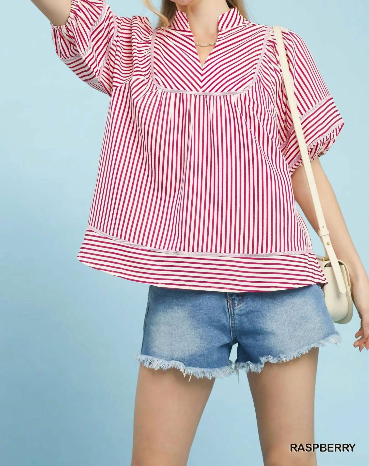 Umgee - V-Neck Mandarin Collared Stripe Top