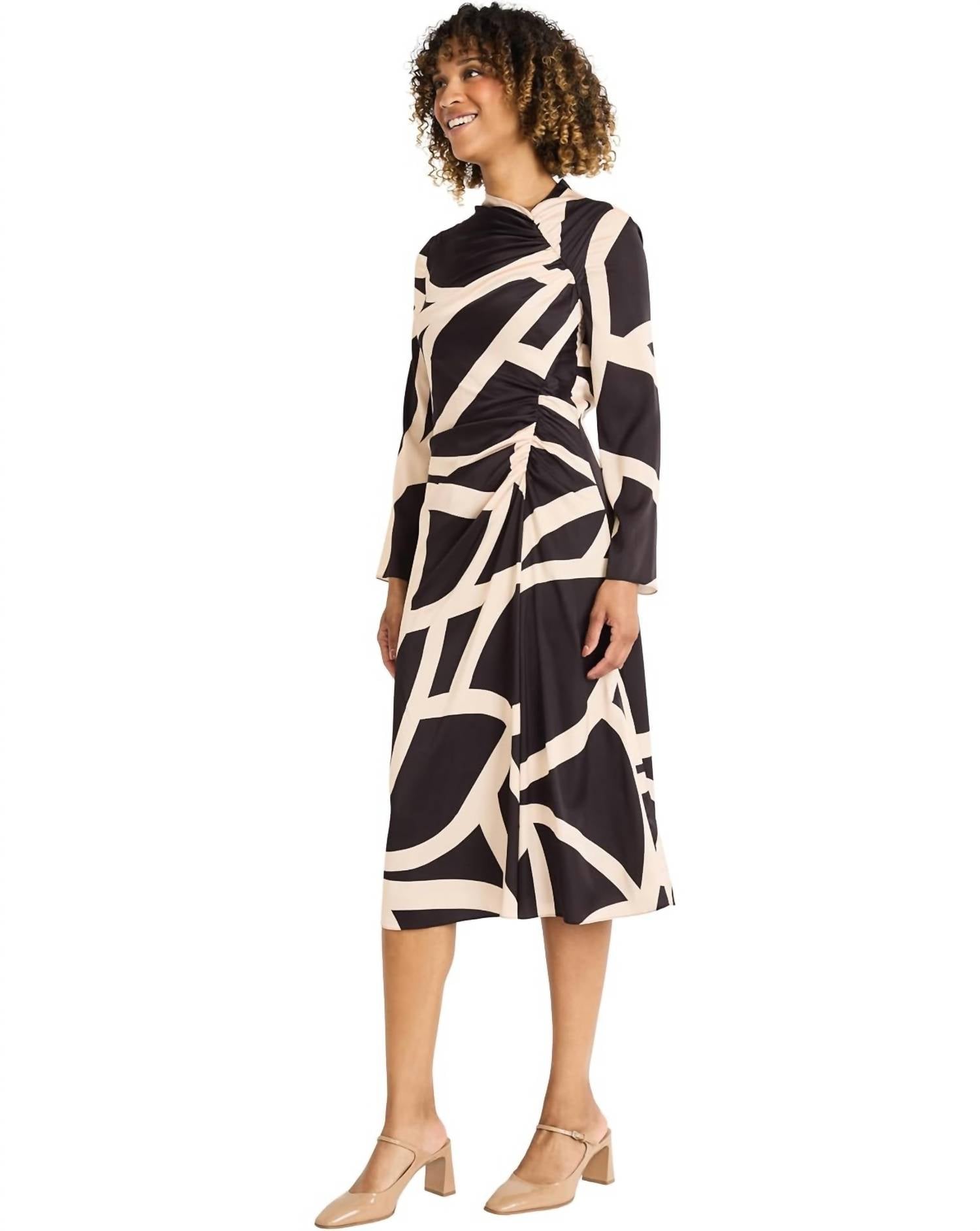 Maggy London Printed Asymmetric Ruched Dress in black tan - women's dress - alternate view