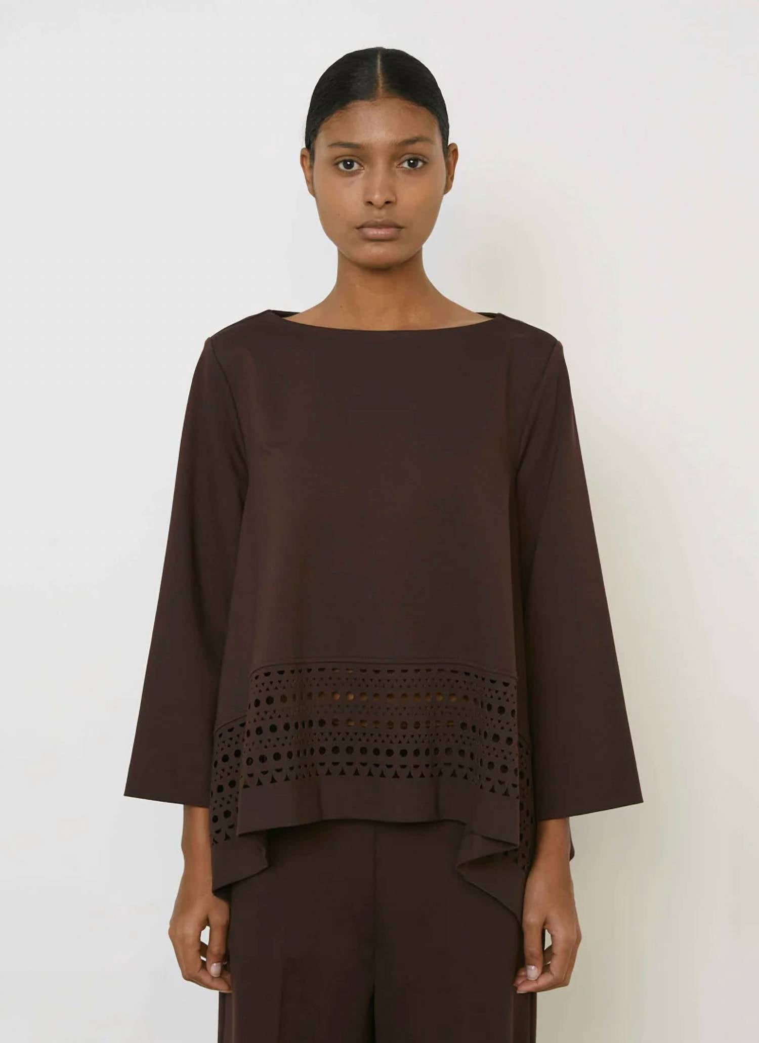 Meimeij - Open Neck Flowy Laser Cut Trim Top
