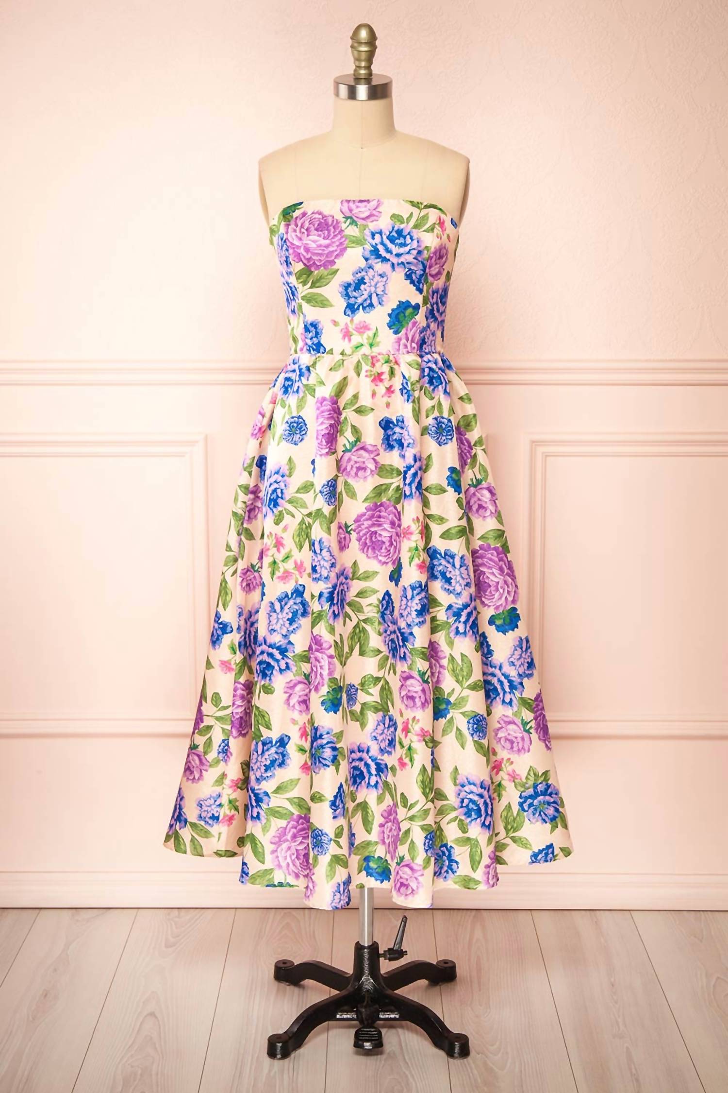 Flying Tomato - Strapless Floral Print Midi Dress