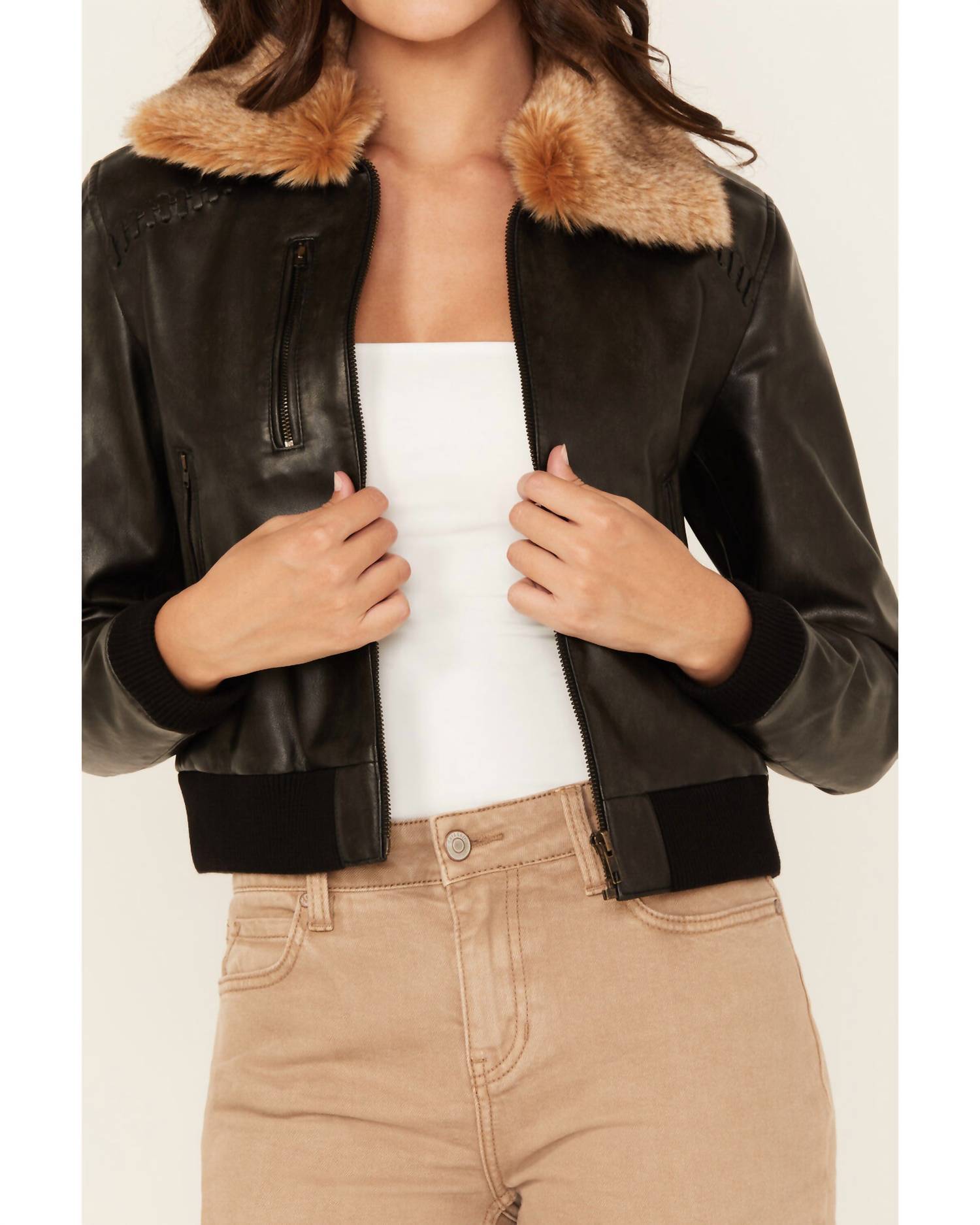Cleo + Wolf - Casey Faux Fur Collar Bomber Jacket