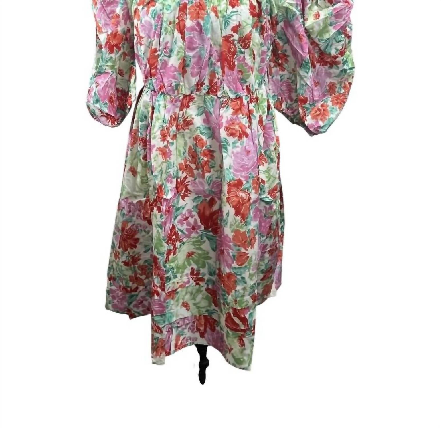 PINCH Puffy Sleeve Floral Mini Dress in coral multi - women's dress - detail view