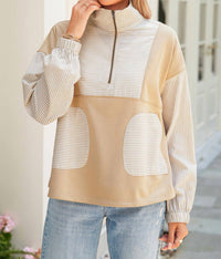 Shewin - Women's Striped Zip Pullover Top