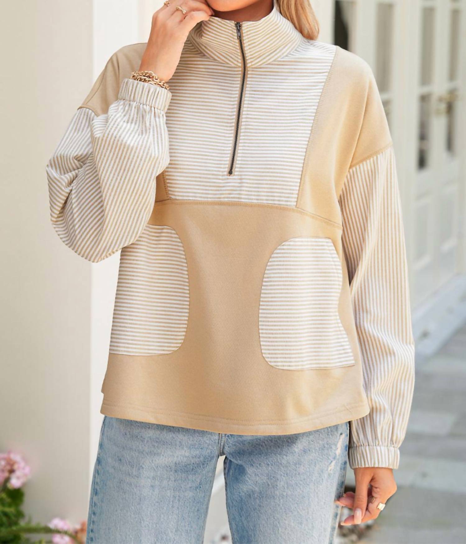 Shewin - Women's Striped Zip Pullover Top