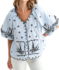 Joh Juanita Embroidered Top in light blue - women's blouse - detail view