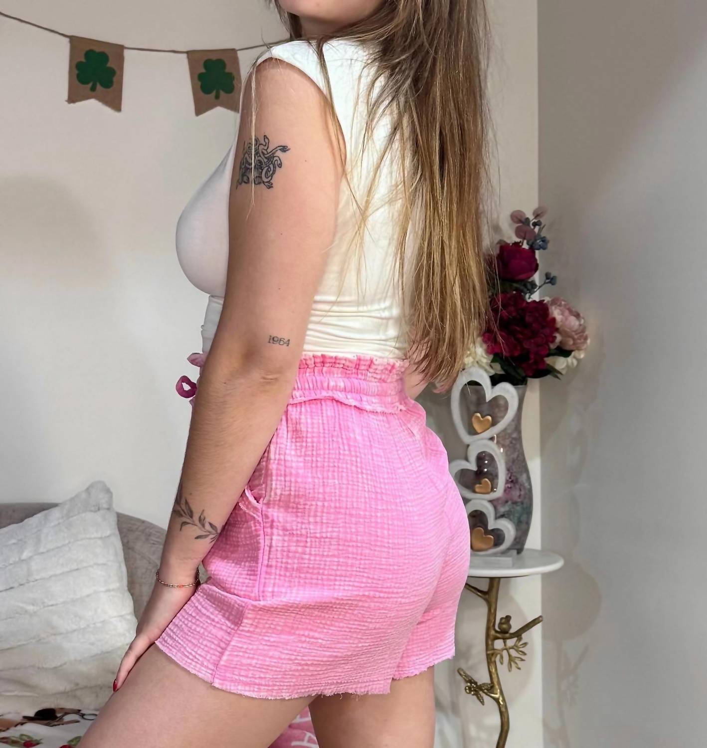 Zenana - Pippa Washed Double Gauze Frayed Hem Drawstring Shorts