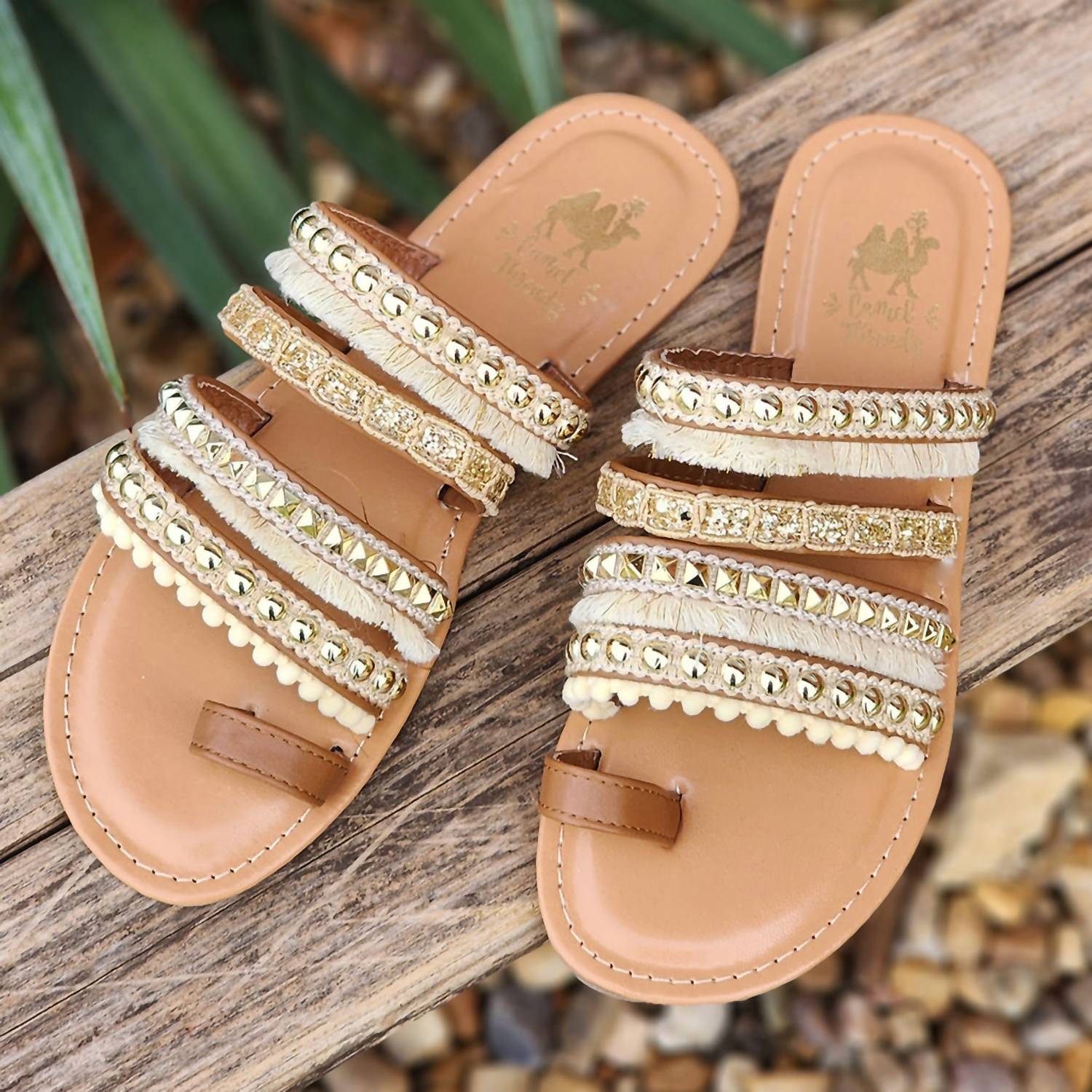 Camel Threads Women's Boho Chic Fringe Sandals in champagne - women's sandal - detail view