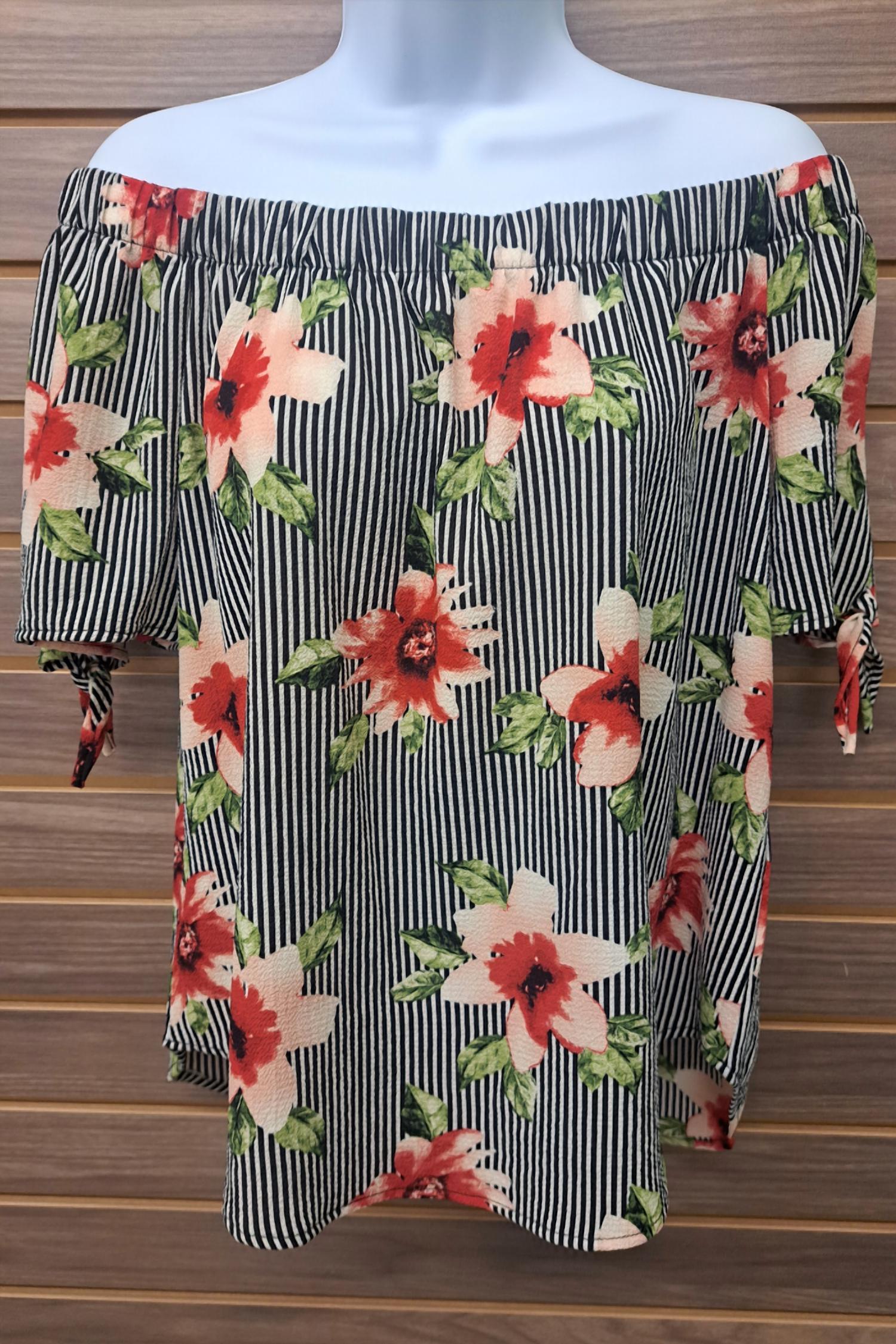 Jodifl - Women's Floral Stripe Off Shoulder Tie Sleeve