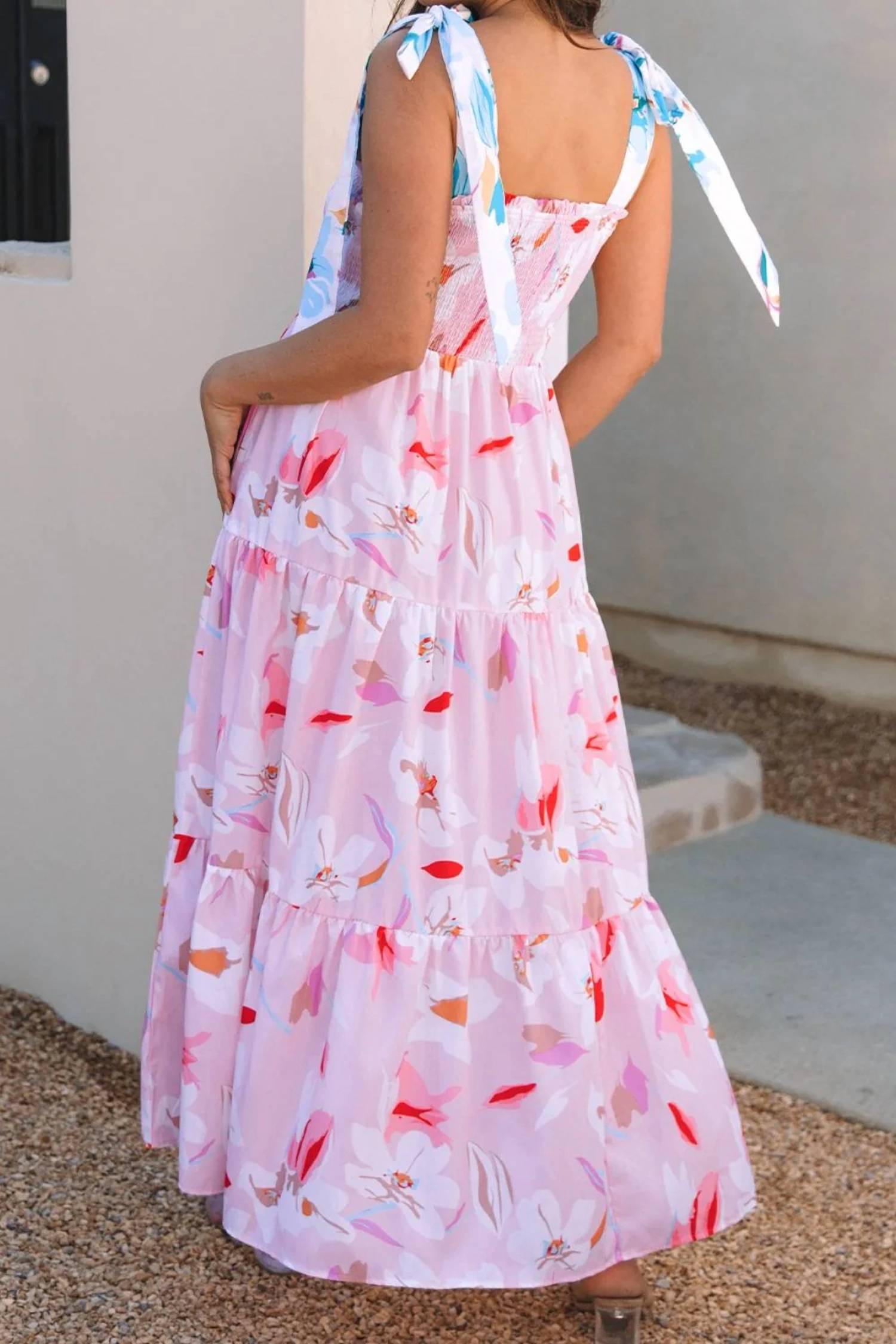 1 The Woman - Floral Print Knotted Shoulder Smocked Maxi Dress