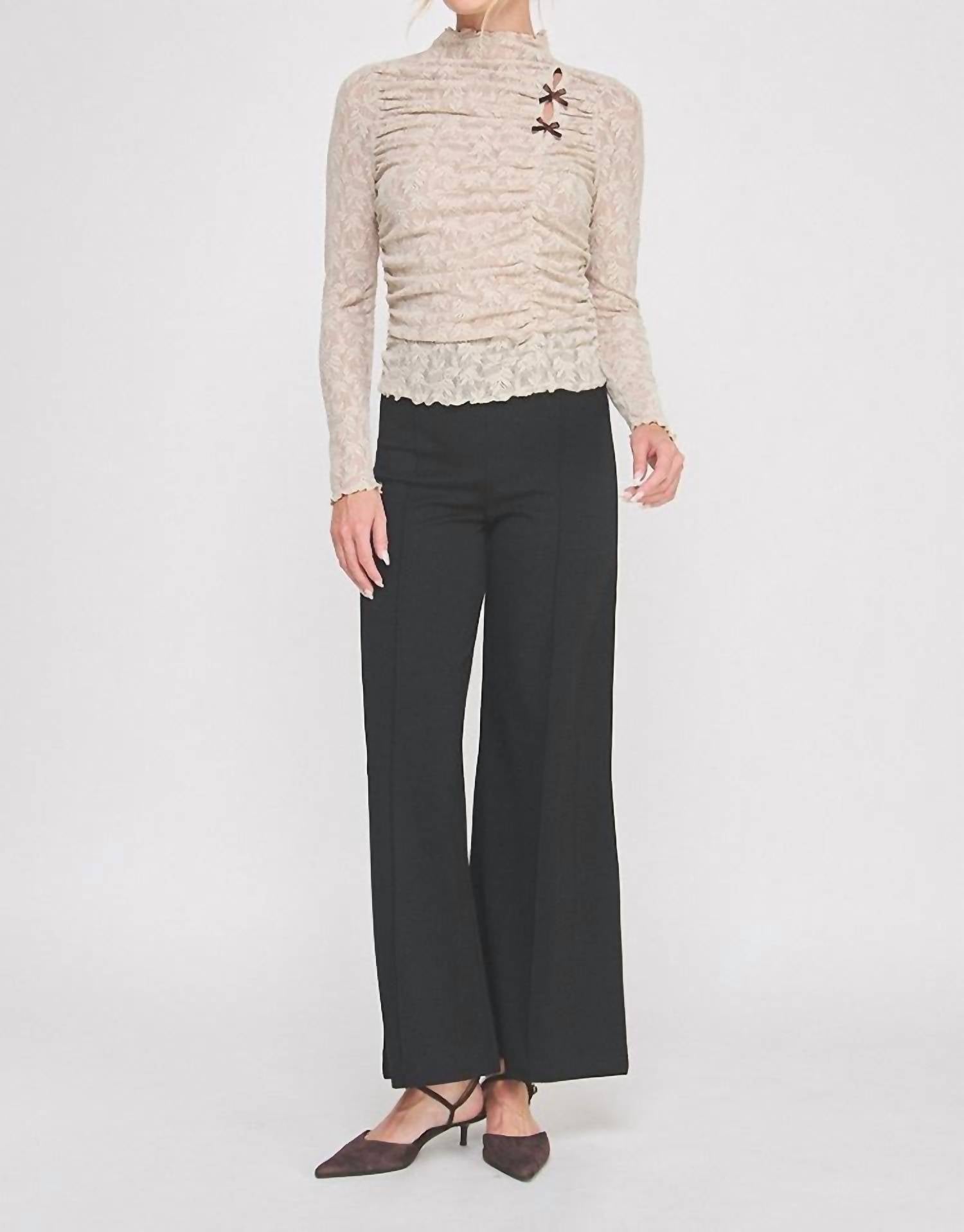 ALLIE ROSE Jacquard Lace Knit Ruched Mock Neck Top in beige 1 - women's long sleeve top - view 4